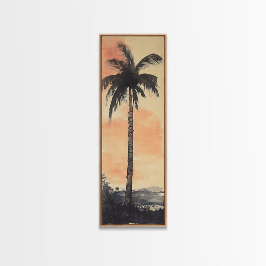 Framed Canvas Print Moody Palm Tree Painting Sunset Coastal Wall Art, Rustic Decor, Tropical Living Room Above Sofa Art, Bedroom Art Print