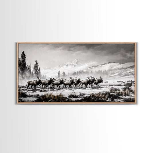 Elk, Wildlife, Mountain, Framed Canvas Print, Rustic Lodge Art, Winter Nature Scene, Cabin Wall Decor, Hunting Artwork, Western Aesthetic