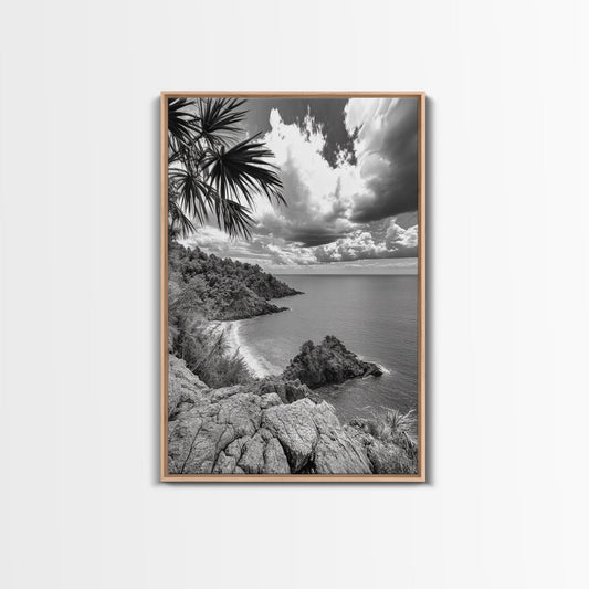 Island View Cliffs, Tropical Shoreline, Black and White Seascape, Framed Canvas Print, Bathroom Art, Travel Decor, Coastal Vibe
