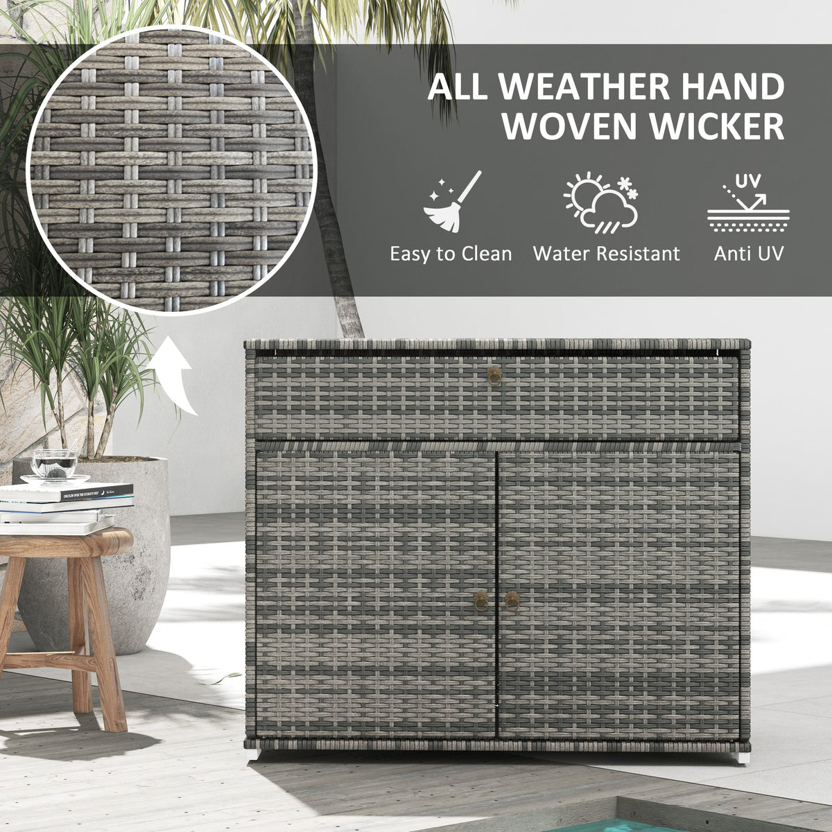 Outdoor Storage Cabinet, Waterproof PE Rattan Cabinet With Drawer For Indoor, Outdoor Swimming Pool, Gray