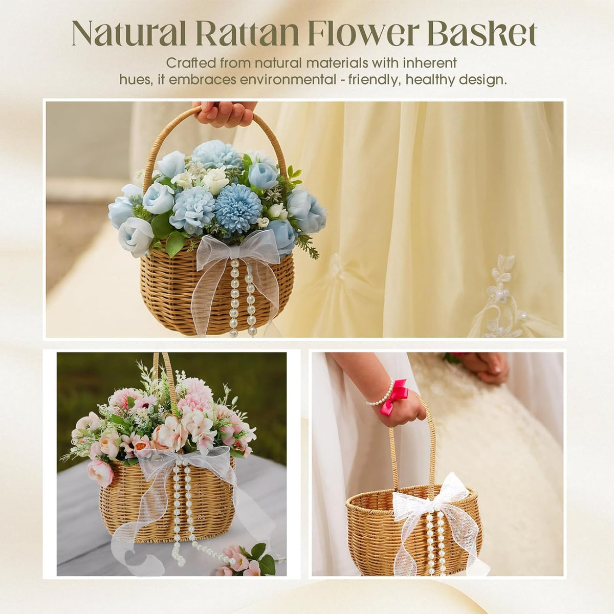 SiliFine 2 Pcs Wicker Rattan Flower Girl Basket with Bows and Pearl 11.8x8.7x5.1 Inches Rustic Wedding Basket for Flower Girl, Hand Woven Willow Storage for Ceremonies Home Decoration (Classic)