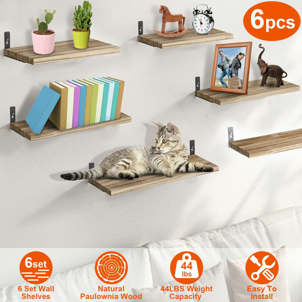 6 Sets Floating Shelves 15.55x5.19Inch Wall Mounted Shelves Wood Storage Shelves Metal Bracket Hanging Display Shelf Wall Organizer for Living Room Ba