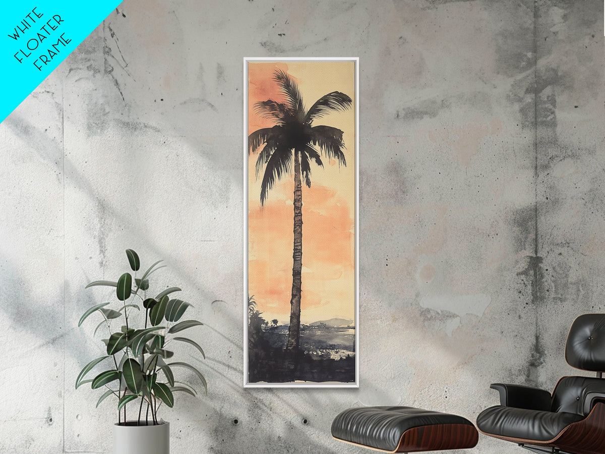 Framed Canvas Print Moody Palm Tree Painting Sunset Coastal Wall Art, Rustic Decor, Tropical Living Room Above Sofa Art, Bedroom Art Print