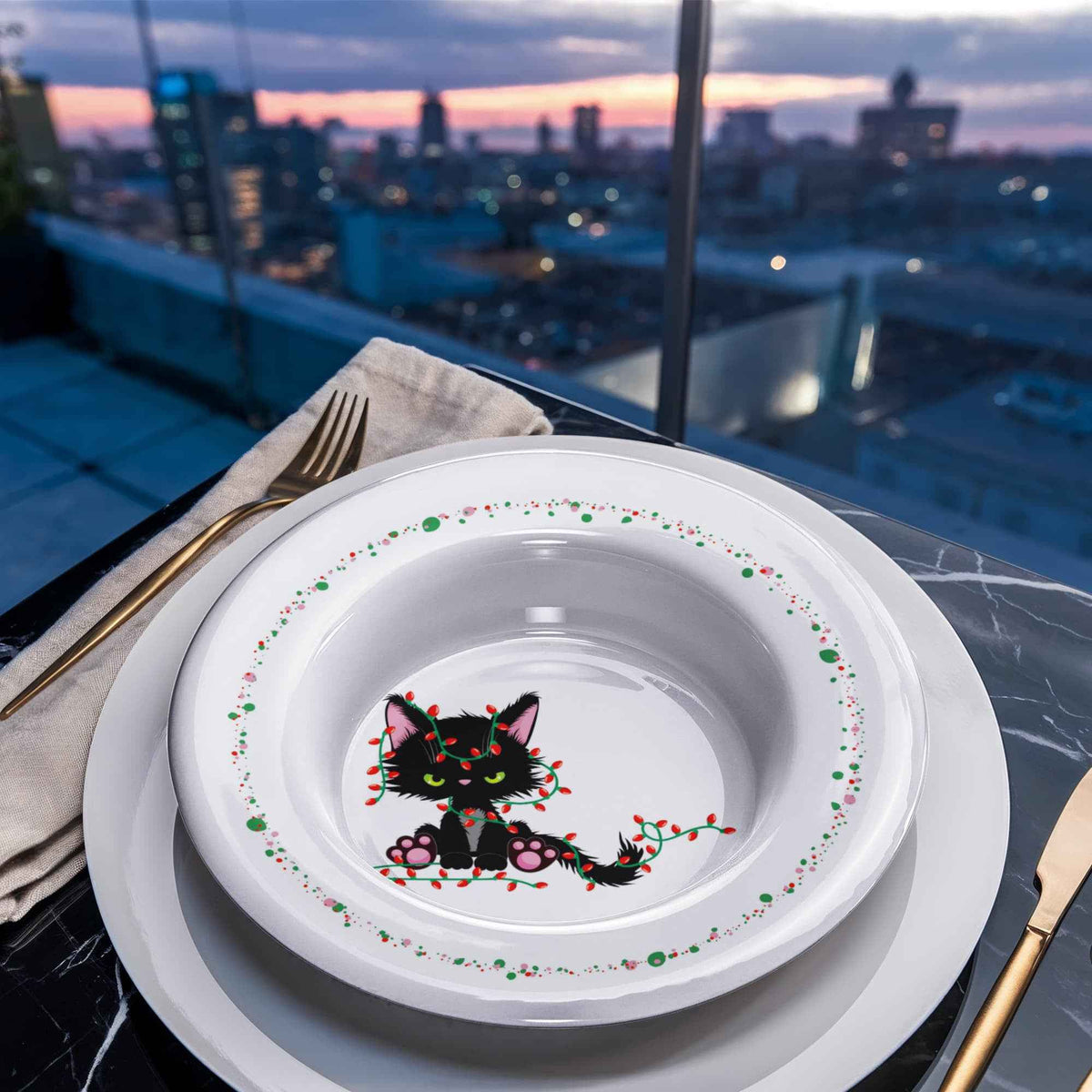 Christmas Cat Tangled in Lights Bowl – 8.5" Holiday Dinnerware