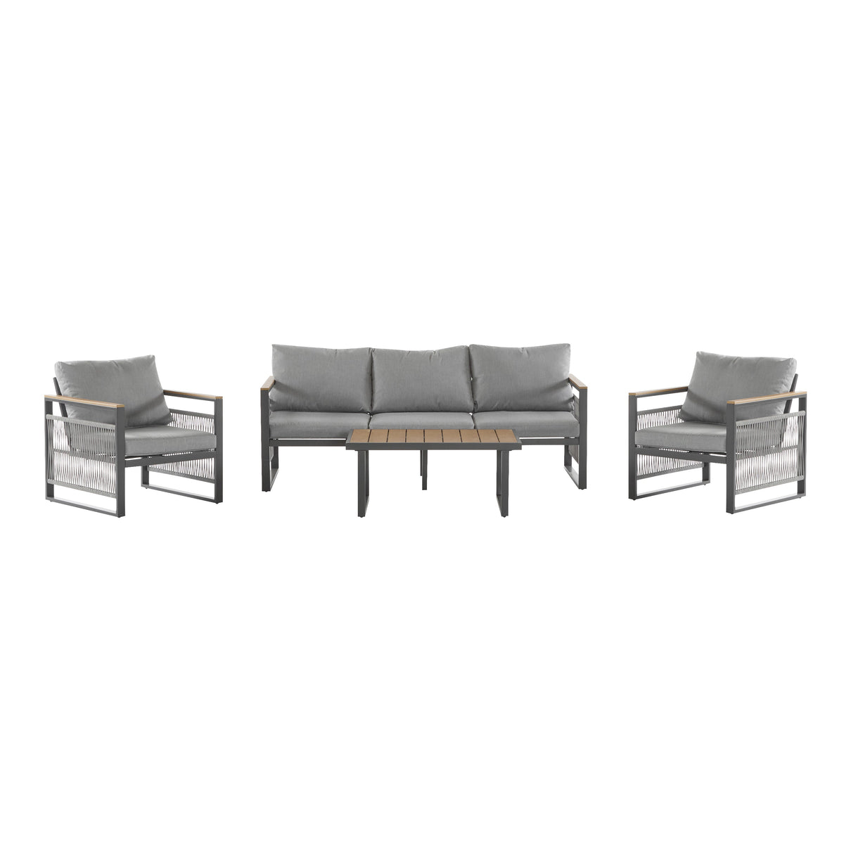 4-Pieces Outdoor Metal Patio Furniture Set, 5-Seat Patio Furniture Sofa Set With Cushion, Modern Outdoor Furniture Deep Seating For Porch, Garden, Backyard, Balcony, Grey & Natural