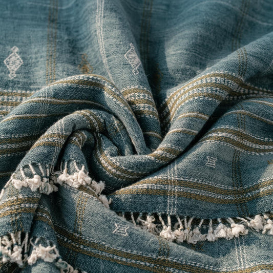 Teal Blue Indian Wool Throw Blanket, Handwoven Sofa Coverlet with Boho Reading Chair Accent - LAPIS