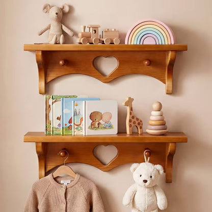 2-Piece 16in Wooden Heart Floating Shelves with Hooks