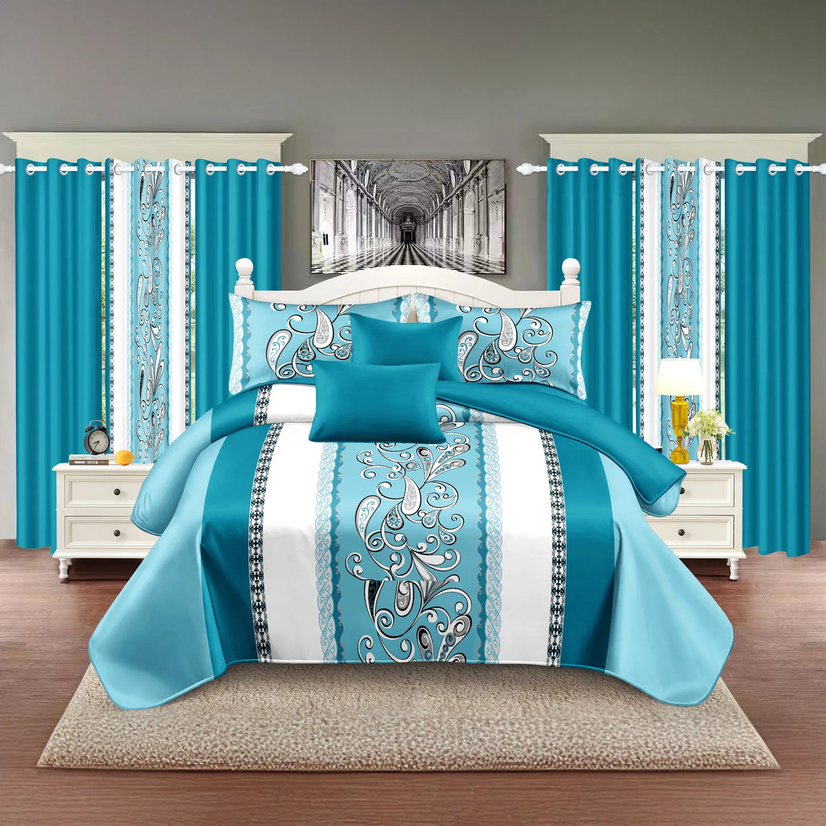 9-Piece Turquoise Paisley Bedding & Curtain Set - Quilted Microfiber Bedspread + Sheer Curtains