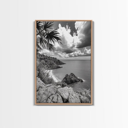 Island View Cliffs, Tropical Shoreline, Black and White Seascape, Framed Canvas Print, Bathroom Art, Travel Decor, Coastal Vibe