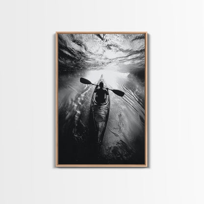 Kayaking Exploration, River Reflections, Adventure Sport, Framed Canvas Print, Office Wall Art, Moody Travel Photography, Nature Wall Decor