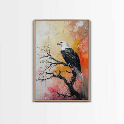 Eagle on Branch, textured painting, wildlife wall art, rustic art, autumn colors, farmhouse decor, framed canvas print, bird art