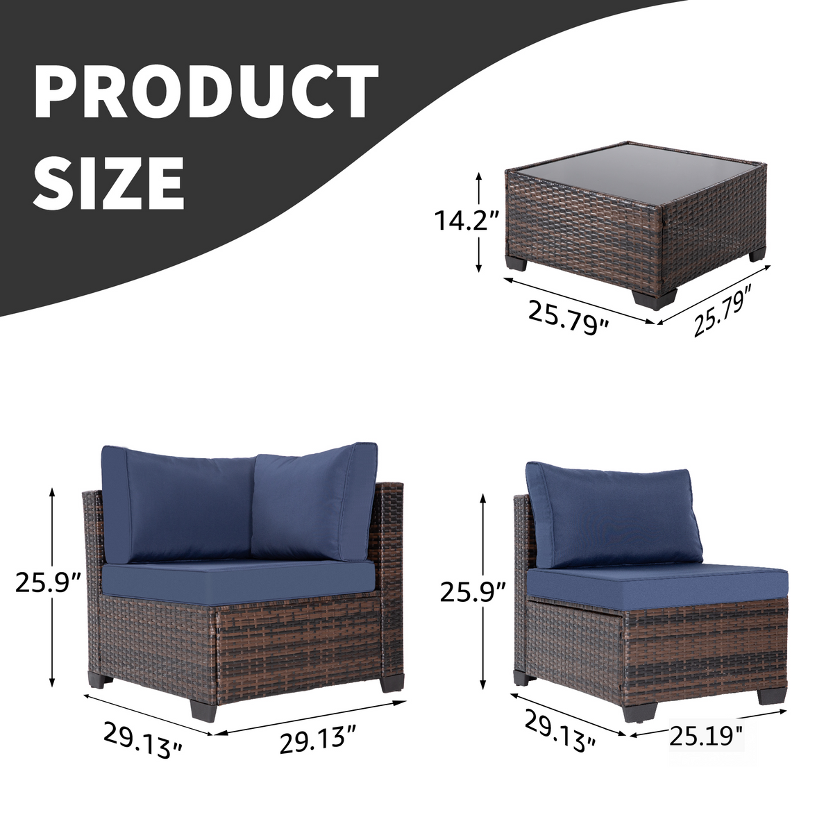 7-Piece Outdoor Patio Furniture Set, All-Weather Wicker Rattan Sectional Sofa With Thick Cushions & Glass Table, Modular Patio Conversation Furniture For Backyard, Poolside & Garden -Brown-Blue