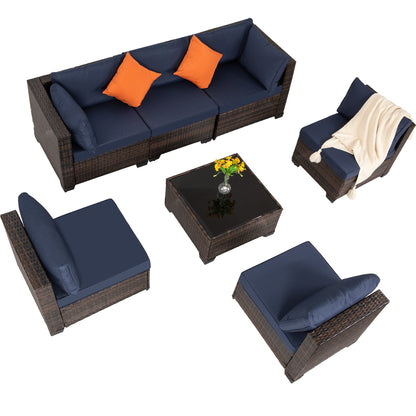 7-Piece Outdoor Patio Furniture Set, All-Weather Wicker Rattan Sectional Sofa With Thick Cushions & Glass Table, Modular Patio Conversation Furniture For Backyard, Poolside & Garden -Brown-Blue