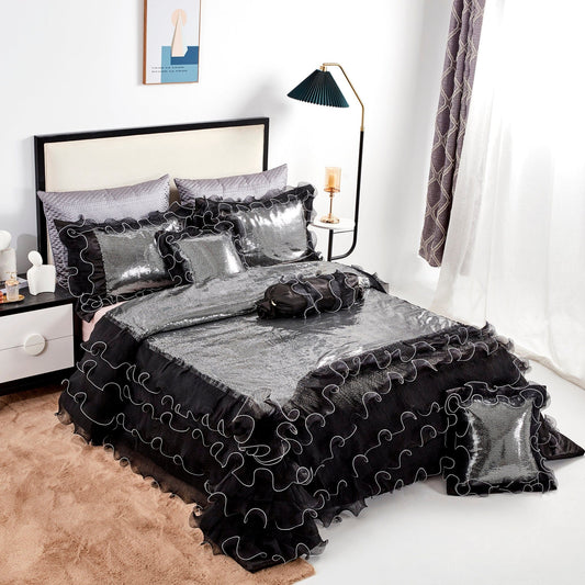 Tache Luxurious Glam Night Out Silver Sequin Black Organza Ruffle 6pc Comforter Set (1622)