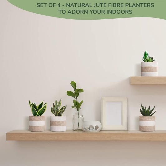 Jute Planter Basket Sustainable Woven Rope Covers for Decorating Indoor Outdoor Plants Pots 6.5x6.5x6 Inches Ideal Size for 6  Planter Multi Purpose Storage Set of 4 White & Natural Jute