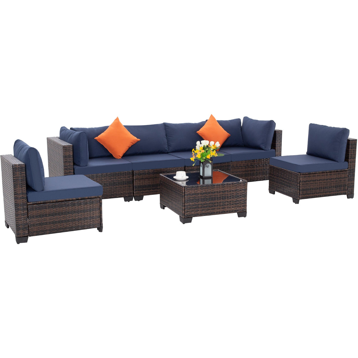 7-Piece Outdoor Patio Furniture Set, All-Weather Wicker Rattan Sectional Sofa With Thick Cushions & Glass Table, Modular Patio Conversation Furniture For Backyard, Poolside & Garden -Brown-Blue