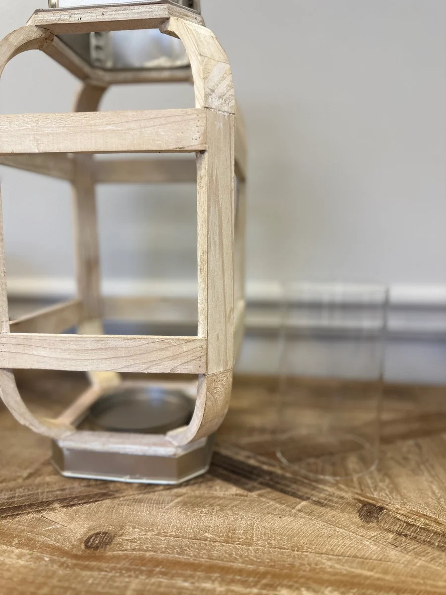 WOOD WITH METAL WHITE LANTERN CANDLE HOLDER