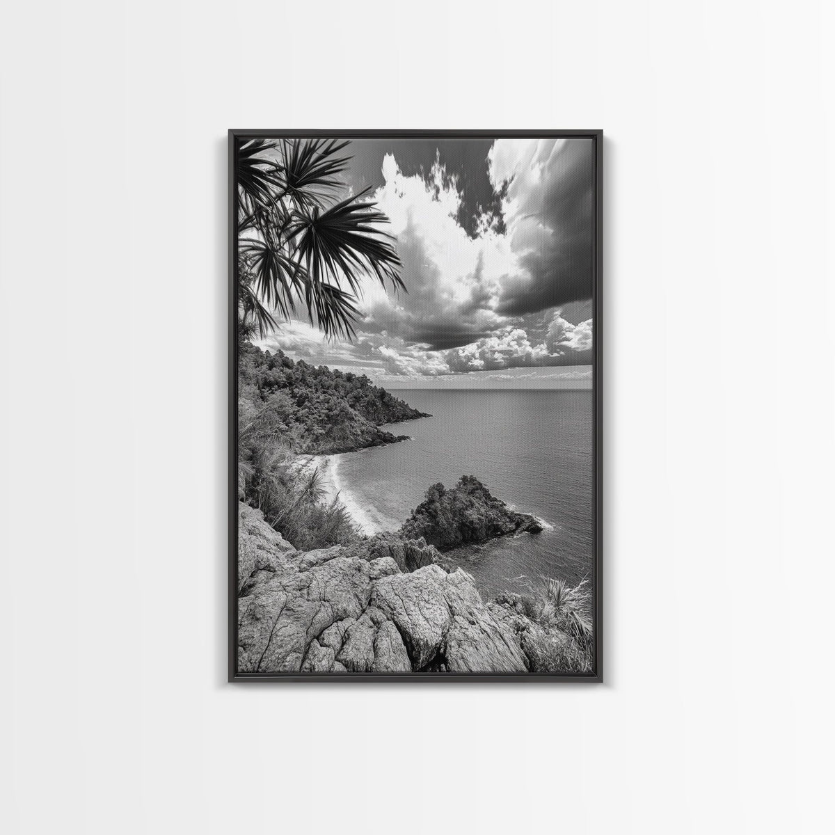 Island View Cliffs, Tropical Shoreline, Black and White Seascape, Framed Canvas Print, Bathroom Art, Travel Decor, Coastal Vibe