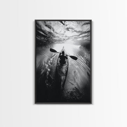 Kayaking Exploration, River Reflections, Adventure Sport, Framed Canvas Print, Office Wall Art, Moody Travel Photography, Nature Wall Decor