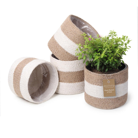 Jute Planter Basket Sustainable Woven Rope Covers for Decorating Indoor Outdoor Plants Pots 6.5x6.5x6 Inches Ideal Size for 6  Planter Multi Purpose Storage Set of 4 White & Natural Jute