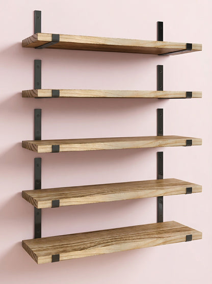 Wood Wall Shelves 15.8” with Metal Brackets – Rustic Floating Shelves | 5/8 Pack