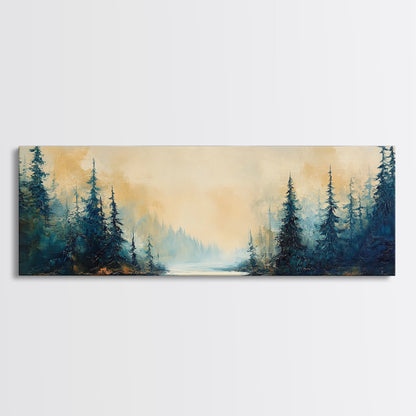 Misty Forest Landscape Wall Art, Blue and Gold Nature Painting, Rustic Cabin Decor, Cozy Woodland Art, Fall Living Room Artwork