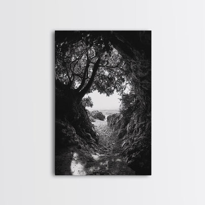 Hidden Beach, Cave Entrance, Secret Shoreline, Natural Light, Canvas Print, Bathroom Wall Decor, Travel Inspired Art, Black And White