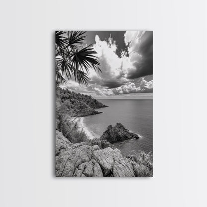 Island View Cliffs, Tropical Shoreline, Black and White Seascape, Framed Canvas Print, Bathroom Art, Travel Decor, Coastal Vibe