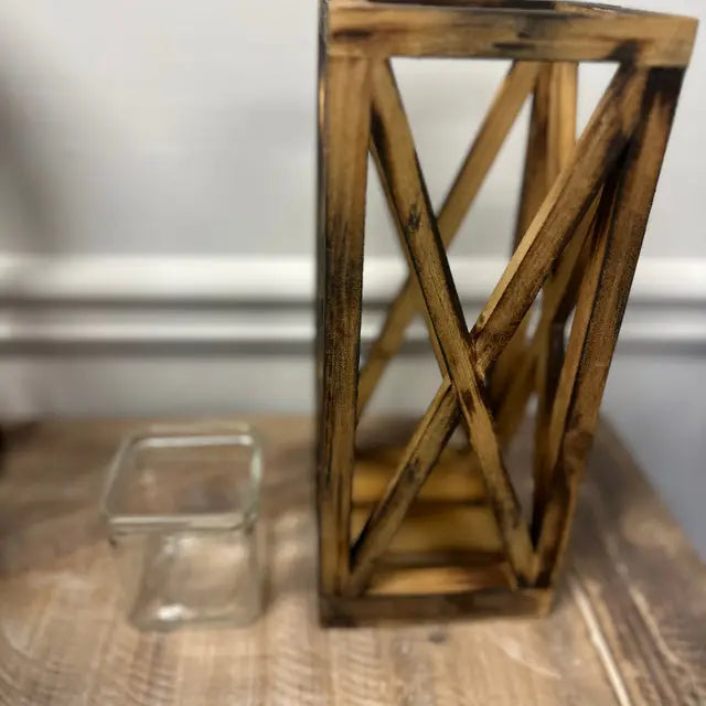 Wooden Lantern With Glass Votive Hold - Set of 2