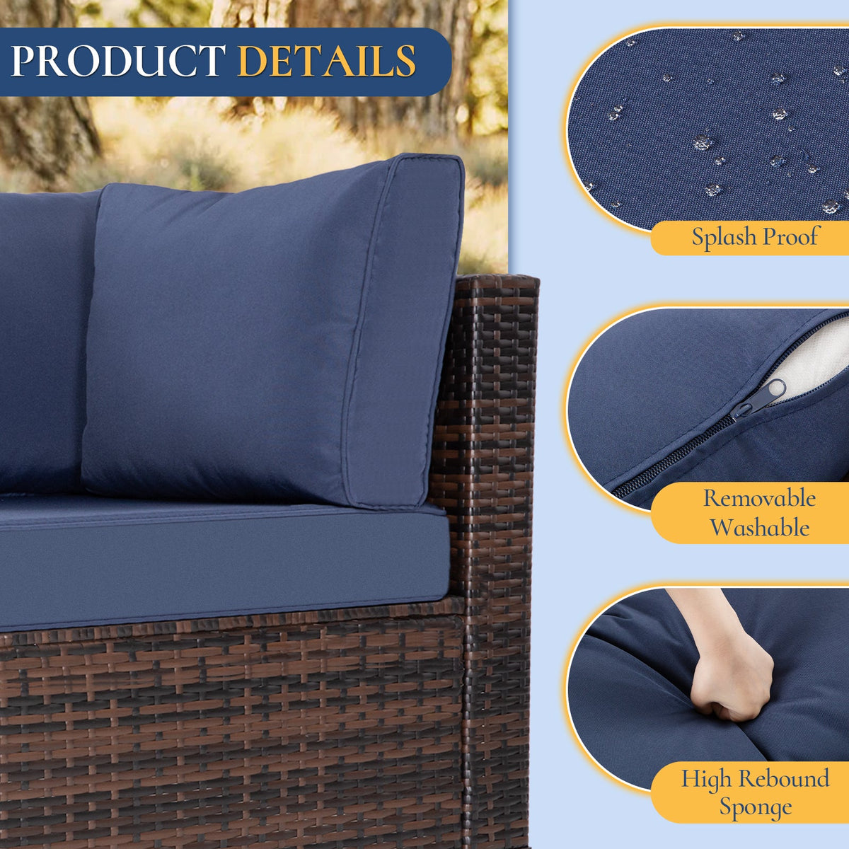 7-Piece Outdoor Patio Furniture Set, All-Weather Wicker Rattan Sectional Sofa With Thick Cushions & Glass Table, Modular Patio Conversation Furniture For Backyard, Poolside & Garden -Brown-Blue
