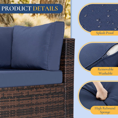 7-Piece Outdoor Patio Furniture Set, All-Weather Wicker Rattan Sectional Sofa With Thick Cushions & Glass Table, Modular Patio Conversation Furniture For Backyard, Poolside & Garden -Brown-Blue