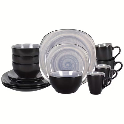 16-Piece Square Stoneware Dinnerware Set with Black Trim