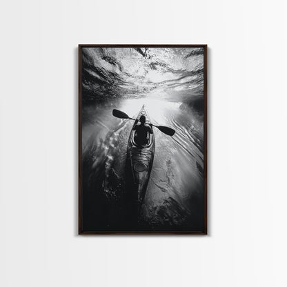 Kayaking Exploration, River Reflections, Adventure Sport, Framed Canvas Print, Office Wall Art, Moody Travel Photography, Nature Wall Decor