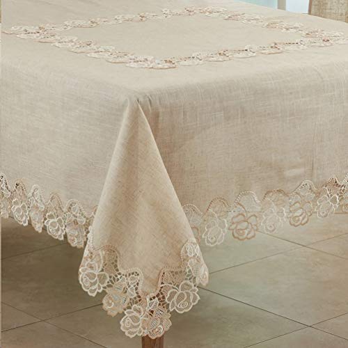 Fennco Styles Elegant Lace Rose Border Tablecloth 54" W x 54" L - Natural Floral Square Table Cover for Home Décor, Banquets, Wedding, Family Gathering and Special Events
