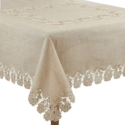 Fennco Styles Elegant Lace Rose Border Tablecloth 54" W x 54" L - Natural Floral Square Table Cover for Home Décor, Banquets, Wedding, Family Gathering and Special Events