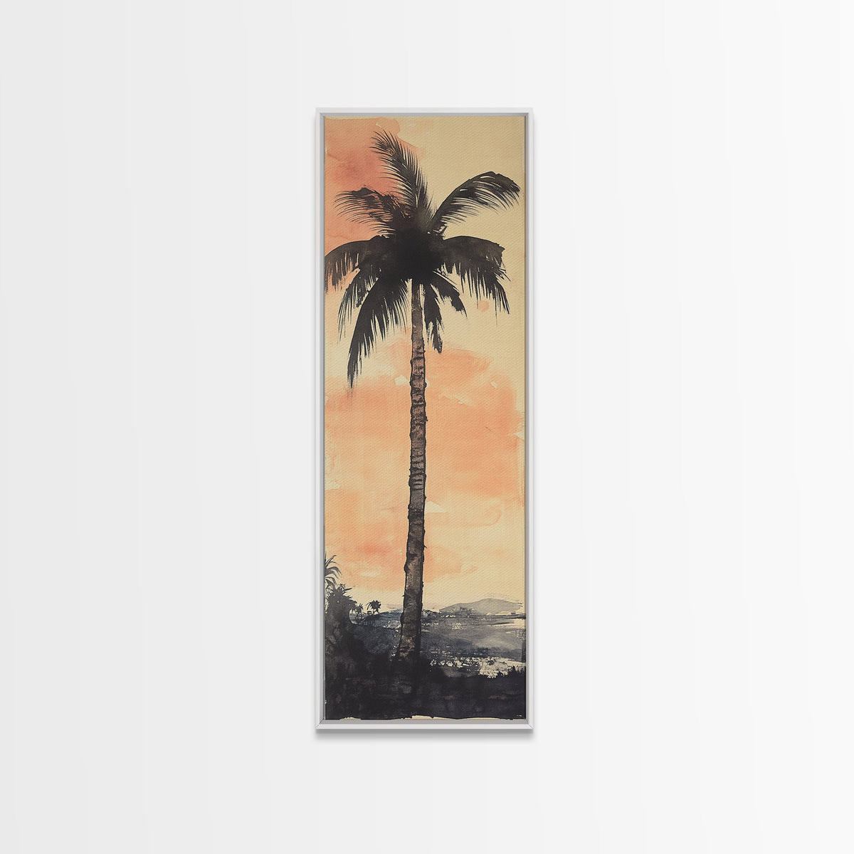 Framed Canvas Print Moody Palm Tree Painting Sunset Coastal Wall Art, Rustic Decor, Tropical Living Room Above Sofa Art, Bedroom Art Print