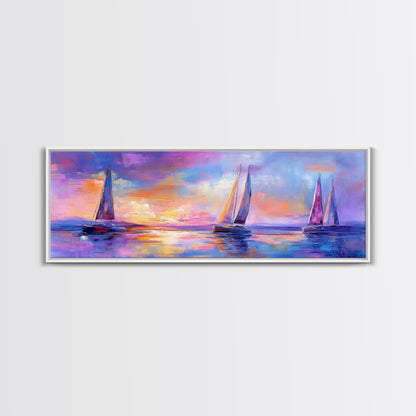 Sailboats at Sunset Framed Canvas Print Nautical Wall Art, Vibrant Ocean Painting, Coastal Home Decor, Large Living Room Artwork