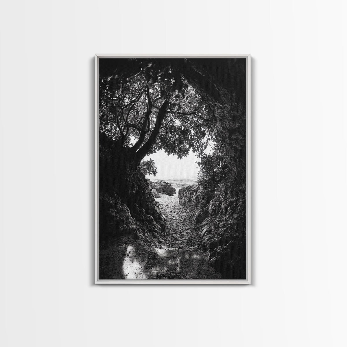Hidden Beach, Cave Entrance, Secret Shoreline, Natural Light, Canvas Print, Bathroom Wall Decor, Travel Inspired Art, Black And White