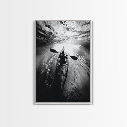 Kayaking Exploration, River Reflections, Adventure Sport, Framed Canvas Print, Office Wall Art, Moody Travel Photography, Nature Wall Decor