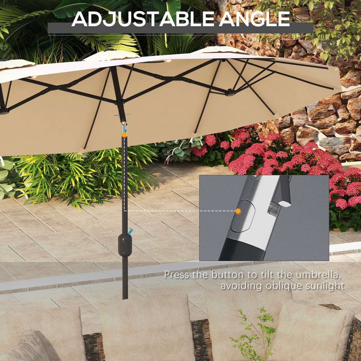 Double Sided Patio Umbrella, 9.7' Large Outdoor Market Umbrella With Push Button Tilt And Crank, 3 Air Vents And 12 Ribs, For Garden, Deck, Pool, Brown