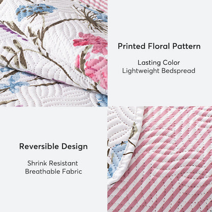 Kasentex Reversible Lightweight Floral Quilt Set - Soft All Season Bedspread Coverlet