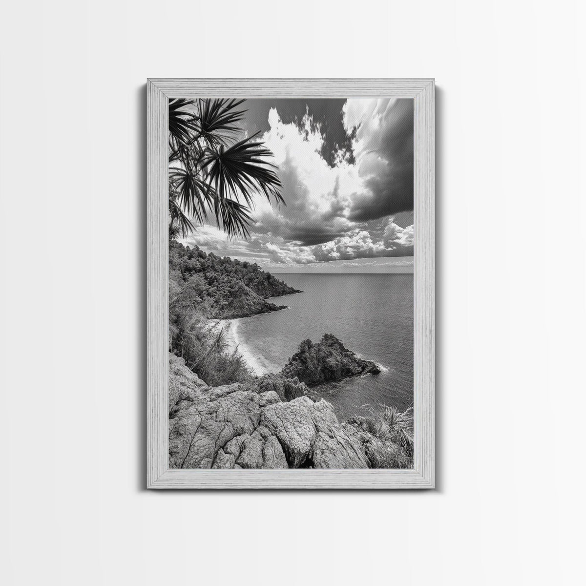 Island View Cliffs, Tropical Shoreline, Black and White Seascape, Framed Canvas Print, Bathroom Art, Travel Decor, Coastal Vibe