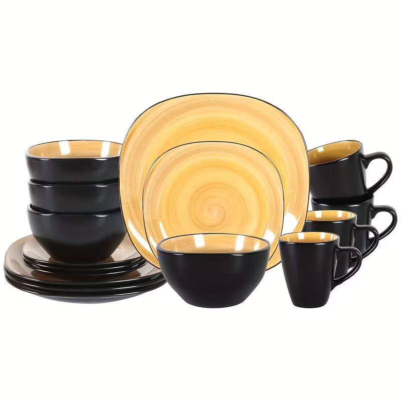 16-Piece Square Stoneware Dinnerware Set with Black Trim