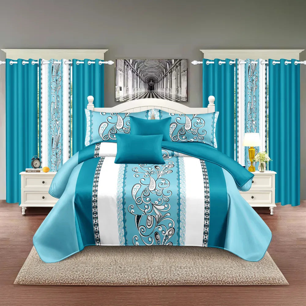 9-Piece Turquoise Paisley Bedding & Curtain Set - Quilted Microfiber Bedspread + Sheer Curtains