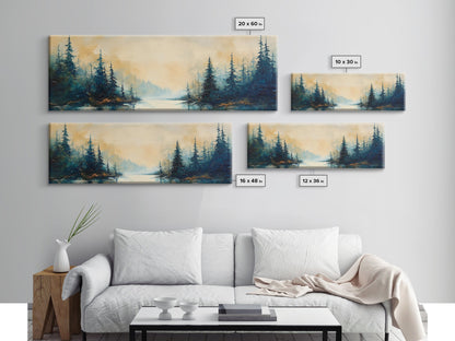 Misty Forest Landscape Wall Art, Blue and Gold Nature Painting, Rustic Cabin Decor, Cozy Woodland Art, Fall Living Room Artwork