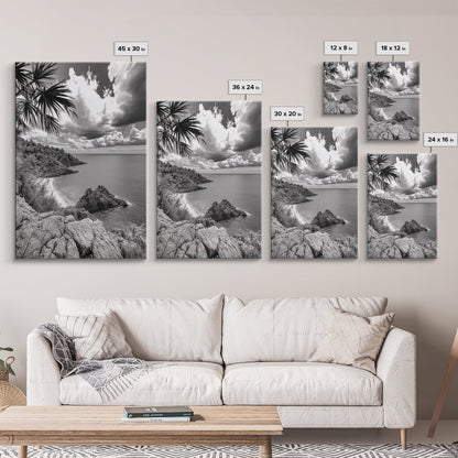 Island View Cliffs, Tropical Shoreline, Black and White Seascape, Framed Canvas Print, Bathroom Art, Travel Decor, Coastal Vibe