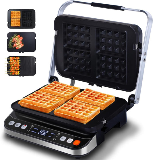 Taylor Swoden Panini Press Waffle Maker, 1600W Electric Indoor Grill with Non-Stick Double Sided Plates, LED Touch Screen, Independent Temperature Control, Opens 180 Degrees, Stainless Steel