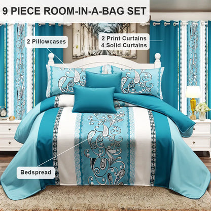 9-Piece Turquoise Paisley Bedding & Curtain Set - Quilted Microfiber Bedspread + Sheer Curtains