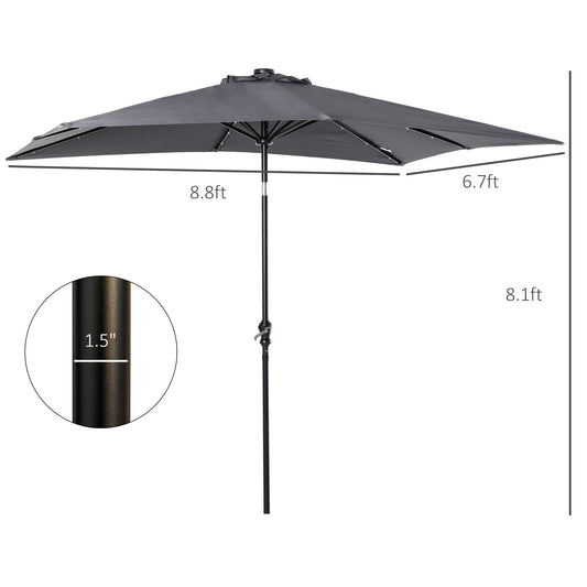 9' X 7' Solar Umbrella, LED Lighted Patio Umbrella For Table Or Base With Tilt & Crank, Outdoor Umbrella For Garden, Deck, Backyard, Pool, Beach, Dark Gray