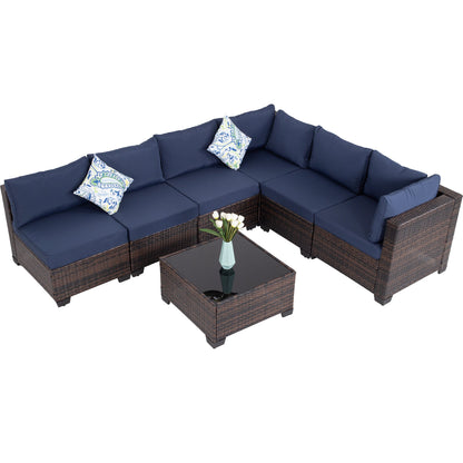 7-Piece Outdoor Patio Furniture Set, All-Weather Wicker Rattan Sectional Sofa With Thick Cushions & Glass Table, Modular Patio Conversation Furniture For Backyard, Poolside & Garden -Brown-Blue
